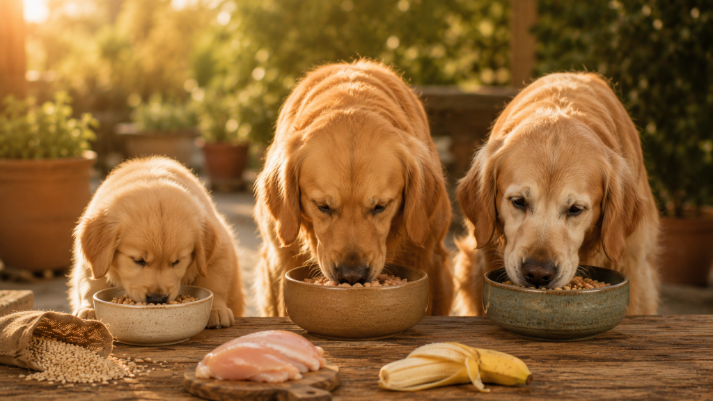 Tres perros golden retriever en diferentes etapas de vida — cachorro, adulto y senior — con alimentación natural Atlantic Pet Food
